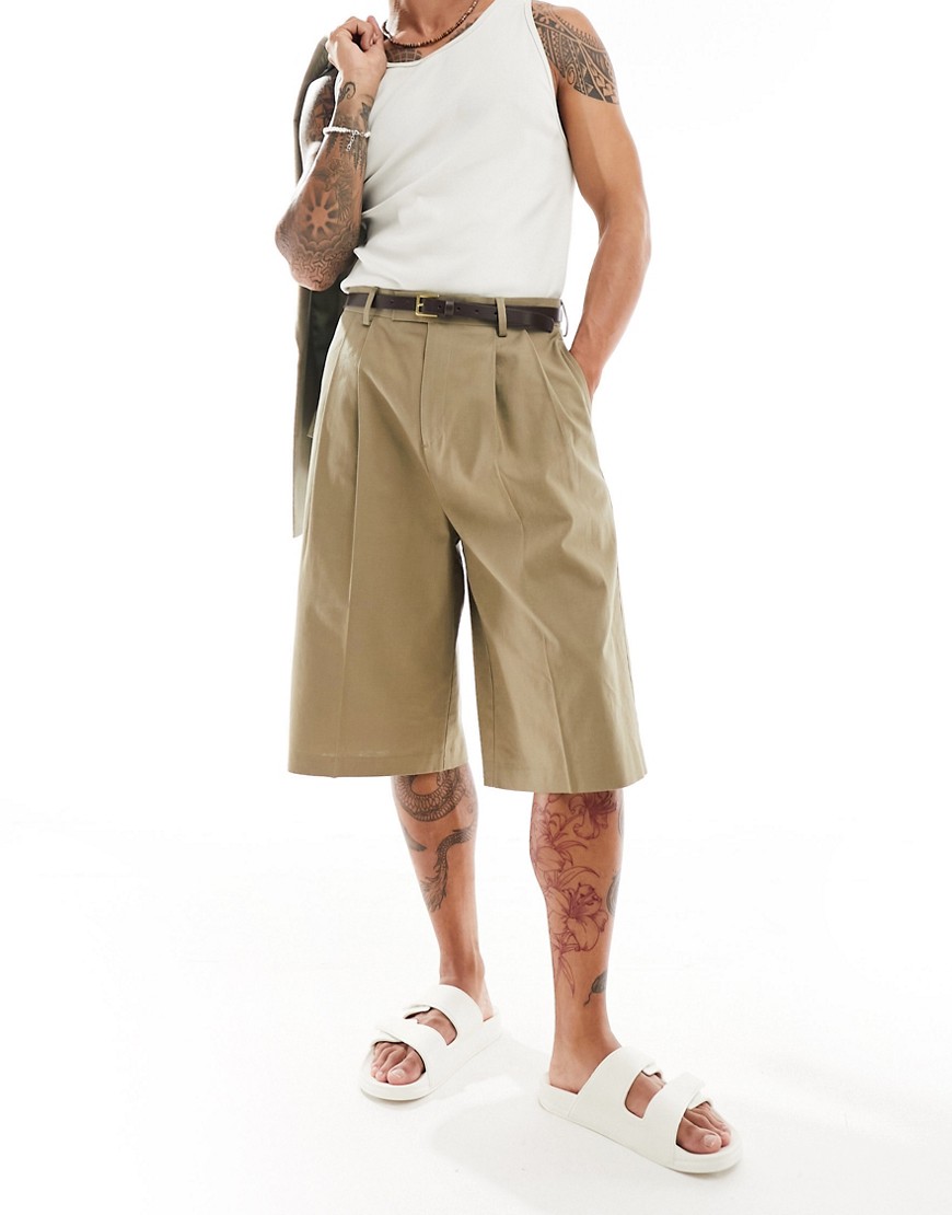 ASOS DESIGN smart longline linen blend wide leg shorts in khaki-Brown