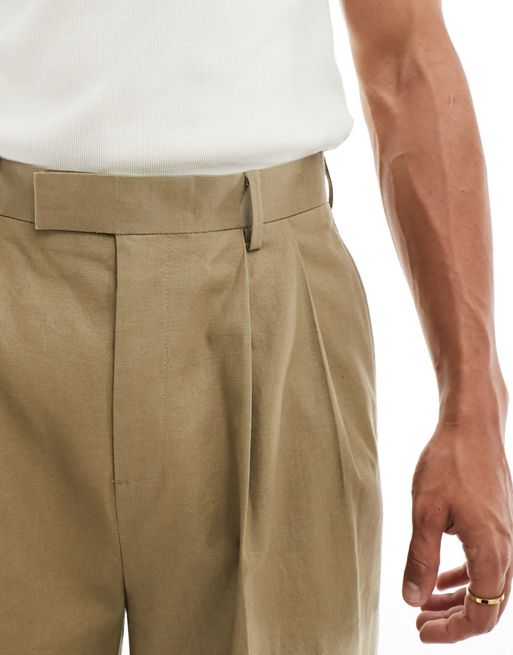 ASOS DESIGN smart longline linen blend wide leg shorts in khaki