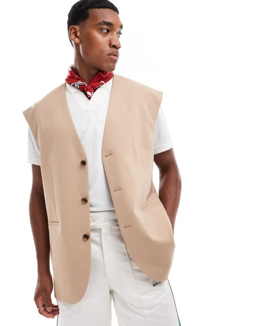 ASOS DESIGN smart longline suit waistcoat in stone (part of a set)