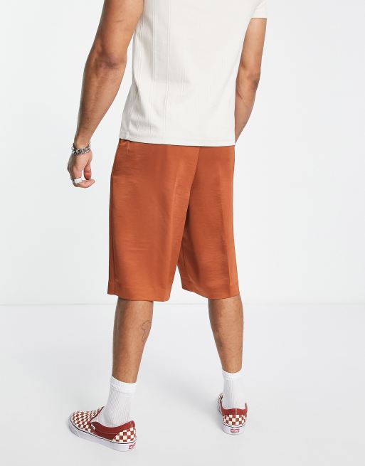 ASOS DESIGN smart longline wide satin shorts in burnt orange, 2 of 4