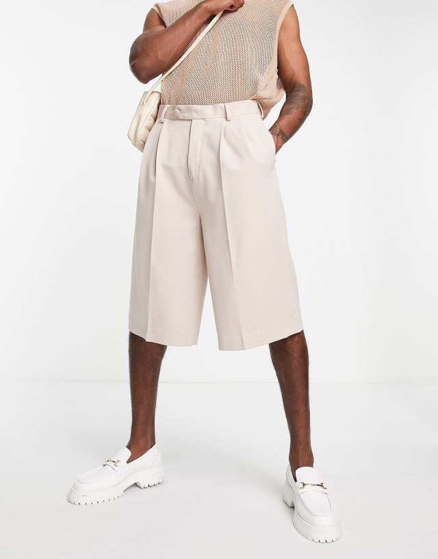 ASOS DESIGN smart longline wide shorts in stone