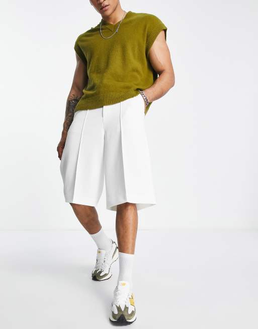 ASOS DESIGN smart longline wide textured shorts with drawstring waist in white