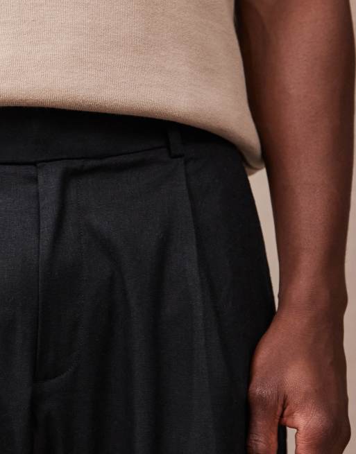 ASOS DESIGN smart loose fit linen blend pants with front pleat in black