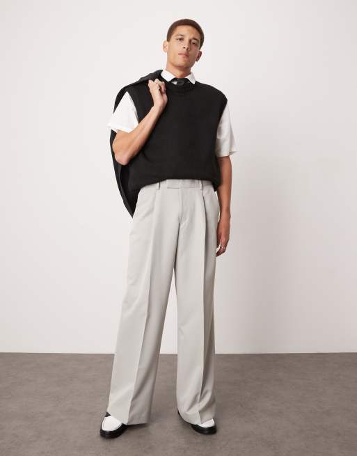 ASOS DESIGN smart loose fit pants with front pleats in light gray
