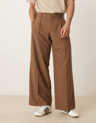 asos ASOS DESIGN smart loose fit trousers with front pleat in brown