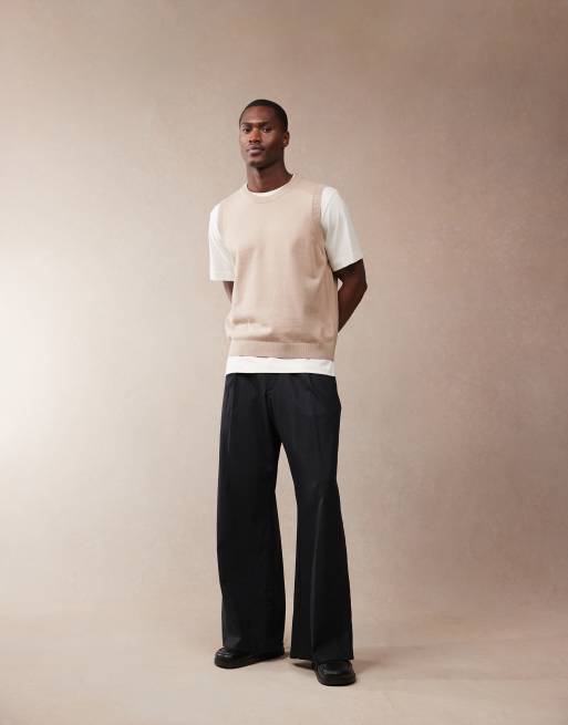 ASOS DESIGN smart loose fit linen blend pants with front pleat in black