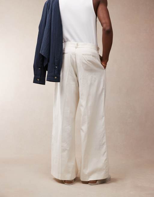 ASOS DESIGN smart loose leg linen blend pants with front pleat in white