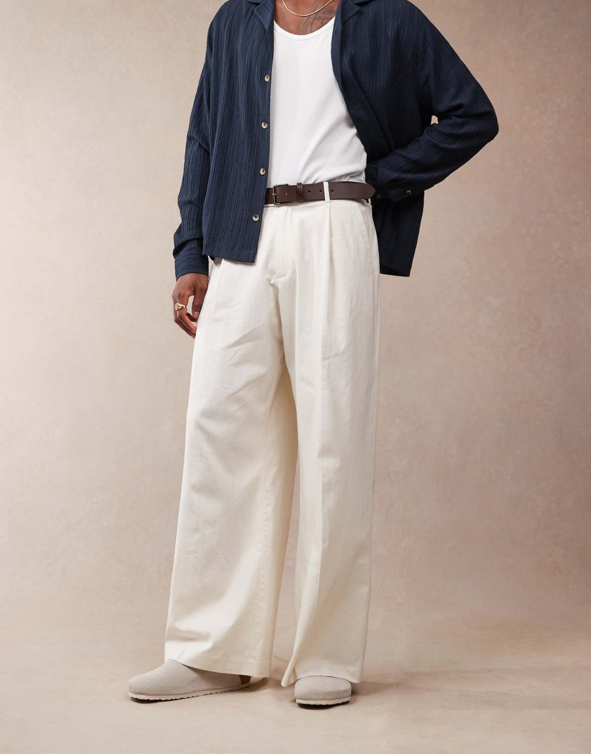 ASOS DESIGN smart loose leg linen blend trousers with front pleat in white
