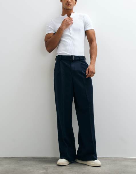ASOS DESIGN smart loose leg pants with buckle belt in navy - view 1
