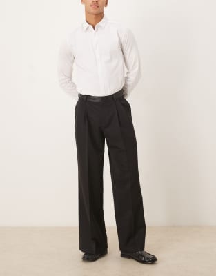Asos Design Smart Loose Leg Pants With Double Pleats And Satin Waistband In Black