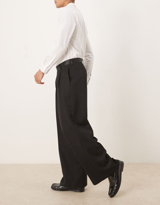 ASOS DESIGN - Pantaloni eleganti ampi neri con pieghe doppie e fascia in vita in raso