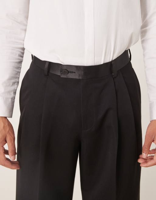 ASOS DESIGN - Pantaloni eleganti ampi neri con pieghe doppie e fascia in vita in raso