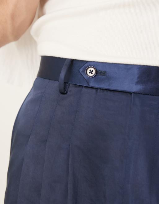 ASOS DESIGN smart loose leg pants with triple pleats in navy satin, 2 of 5