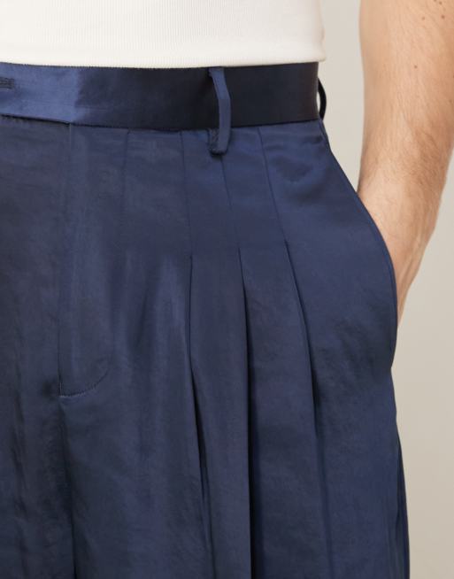 ASOS DESIGN smart loose leg pants with triple pleats in navy satin, 5 of 5