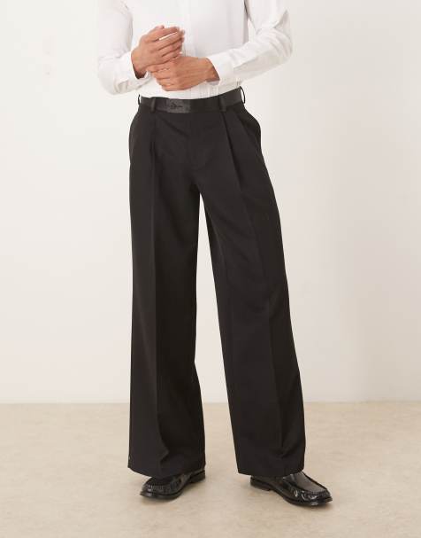ASOS DESIGN smart loose leg trousers with double pleats and satin waistband in black - view 1