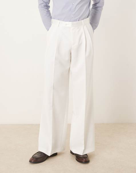 ASOS DESIGN smart loose leg trousers with double pleats and satin waistband in white - view 1
