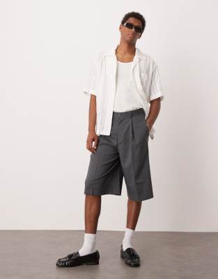 ASOS DESIGN smart oversized bermuda shorts with front pleat in charcoal pinstripe-Gray
