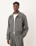 [ASOS DESIGN] ASOS DESIGN smart oversized blouson jacket in charcoal pinstripe (Part of a set)-Grey L CHARCOAL