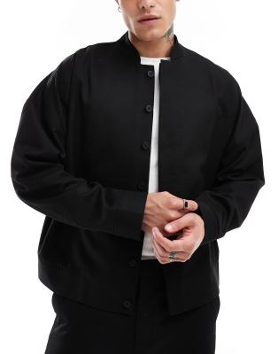 smart oversized button up bomber jacket in black - part of a set