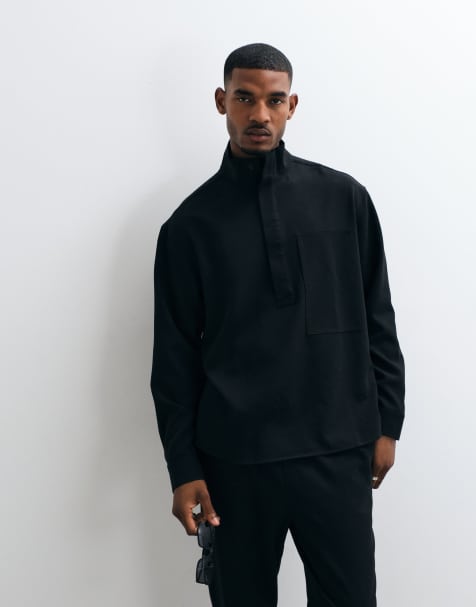 ASOS DESIGN smart oversized funnel neck shirt in black - view 1