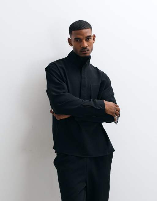 ASOS DESIGN smart oversized funnel neck shirt in black, 3 of 5
