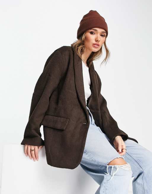 Chocolate Textured Wool Look Oversized Blazer