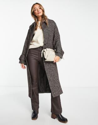 ASOS DESIGN smart oversized herringbone coat with belt in brown