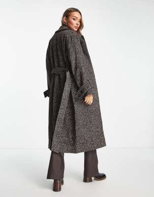 ASOS DESIGN smart oversized herringbone coat with belt in brown | ASOS