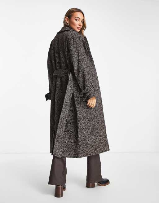 ASOS DESIGN smart oversized herringbone coat with belt in brown