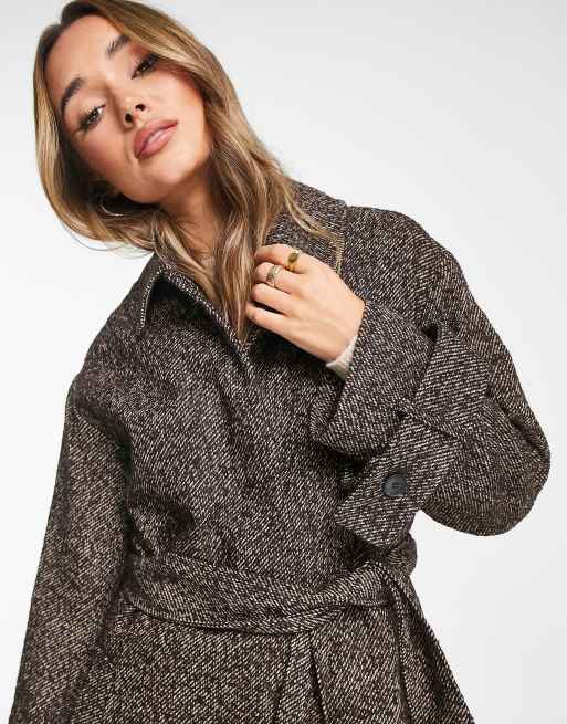 ASOS DESIGN smart oversized herringbone coat with belt in brown