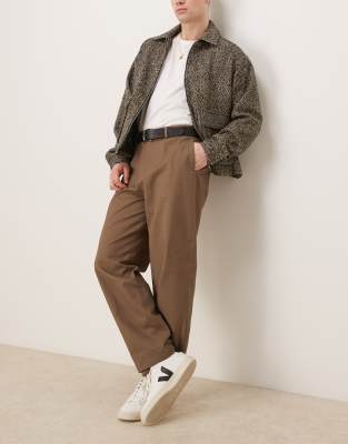 Asos Design Smart Oversized Tapered Cotton Chino Pants With Front Pleats In Khaki-brown