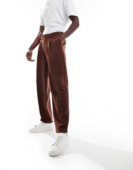 ASOS DESIGN smart oversized tapered fit trousers in brown | ASOS