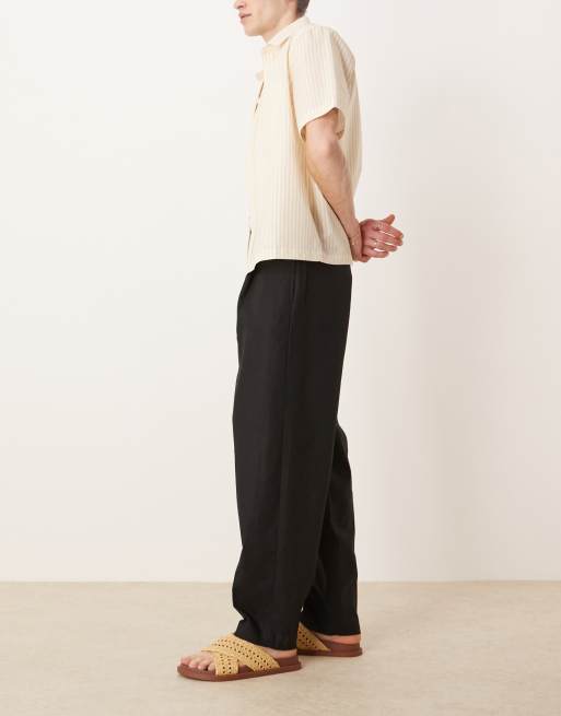 ASOS DESIGN oversized tapered linen blend dress pants with front pleats in black