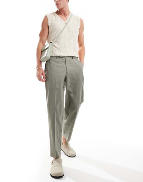 ASOS DESIGN smart oversized tapered linen blend trousers in dusty green - view 1