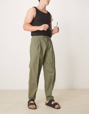 asos ASOS DESIGN smart oversized tapered linen blend trousers with front pleat in dusty olive