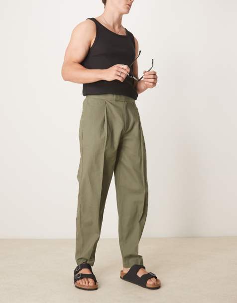 ASOS DESIGN smart oversized tapered linen blend trousers with front pleat in dusty olive - view 1