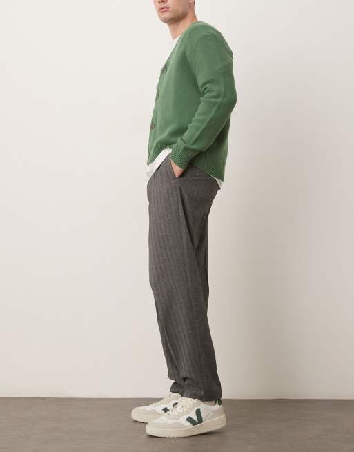ASOS DESIGN smart oversized tapered pants in black herringbone with front pleat, 3 of 5