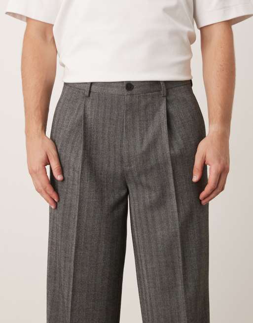 ASOS DESIGN smart oversized tapered pants in black herringbone with front pleat, 4 of 5