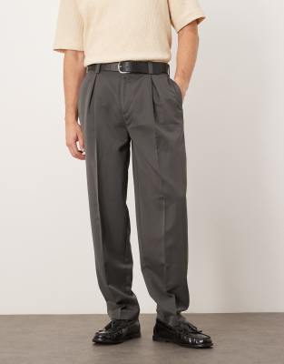 ASOS DESIGN smart oversized tapered pants in charcoal with front pleat-Gray