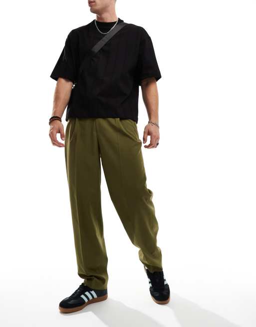 ASOS DESIGN smart oversized tapered pants in green with half elastic waist