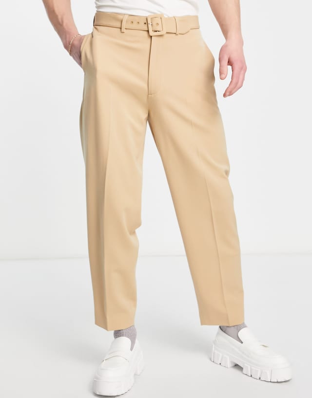 ASOS DESIGN smart oversized tapered pants with belt in stone