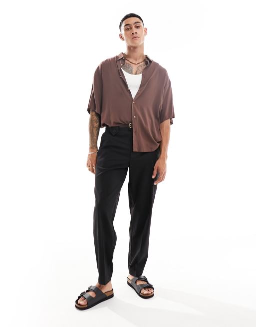 ASOS DESIGN Curve oversized plisse shirt and wide leg pants set in khaki