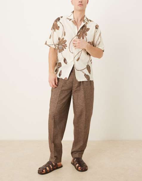 ASOS DESIGN smart oversized tapered pants with double pleats in brown linen look - view 1