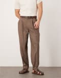 [ASOS DESIGN] ASOS DESIGN smart oversized tapered pants with double pleats in brown linen look-Neutral W28 L30 BROWN