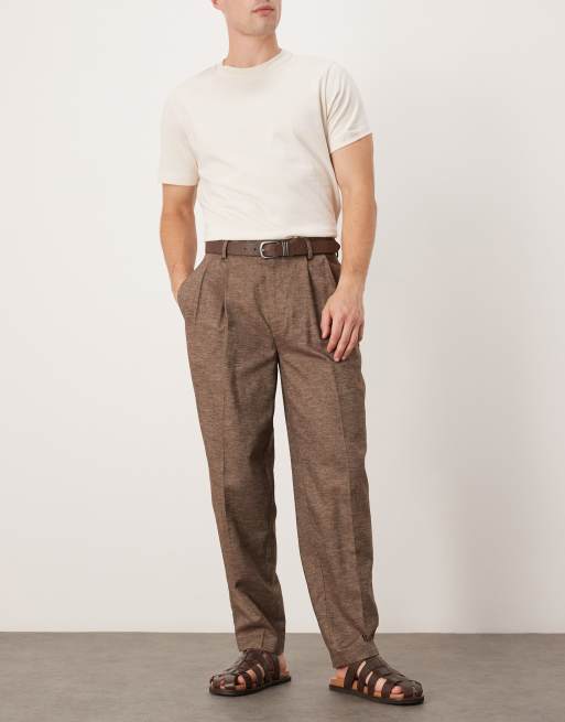 ASOS DESIGN smart oversized tapered pants with double pleats in brown linen look