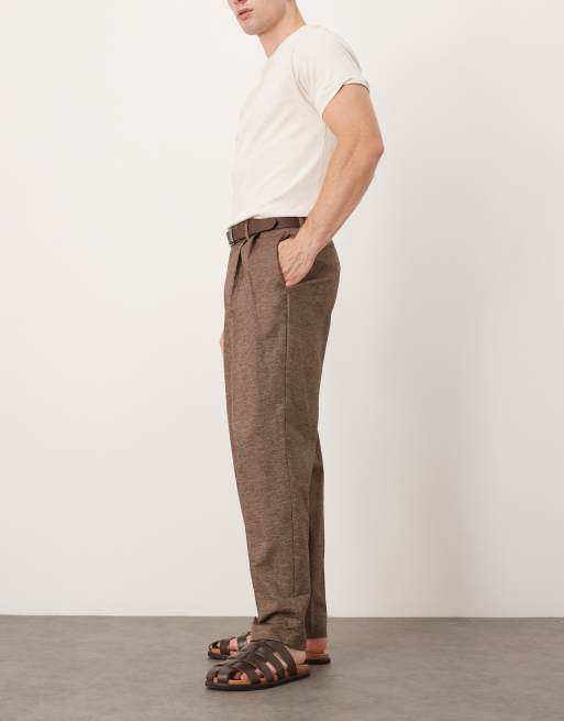 ASOS DESIGN smart oversized tapered pants with double pleats in brown linen look