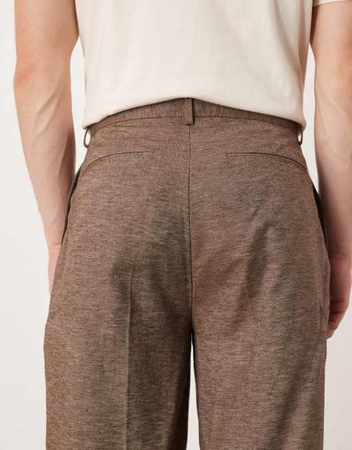 ASOS DESIGN smart oversized tapered pants with double pleats in brown linen look