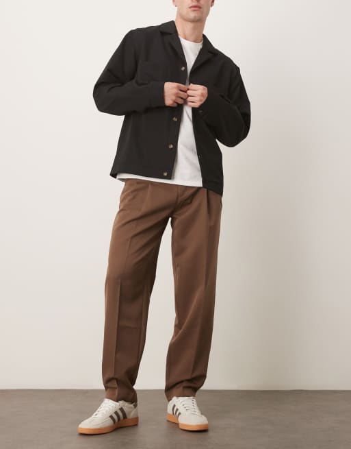 ASOS DESIGN smart oversized tapered pants with double pleats in brown
