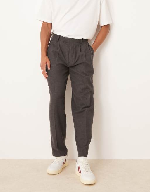 ASOS DESIGN smart oversized tapered trousers with double pleats in charcoal basket weave