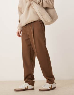 Asos Design Smart Oversized Tapered Pants With Front Pleat In Brown